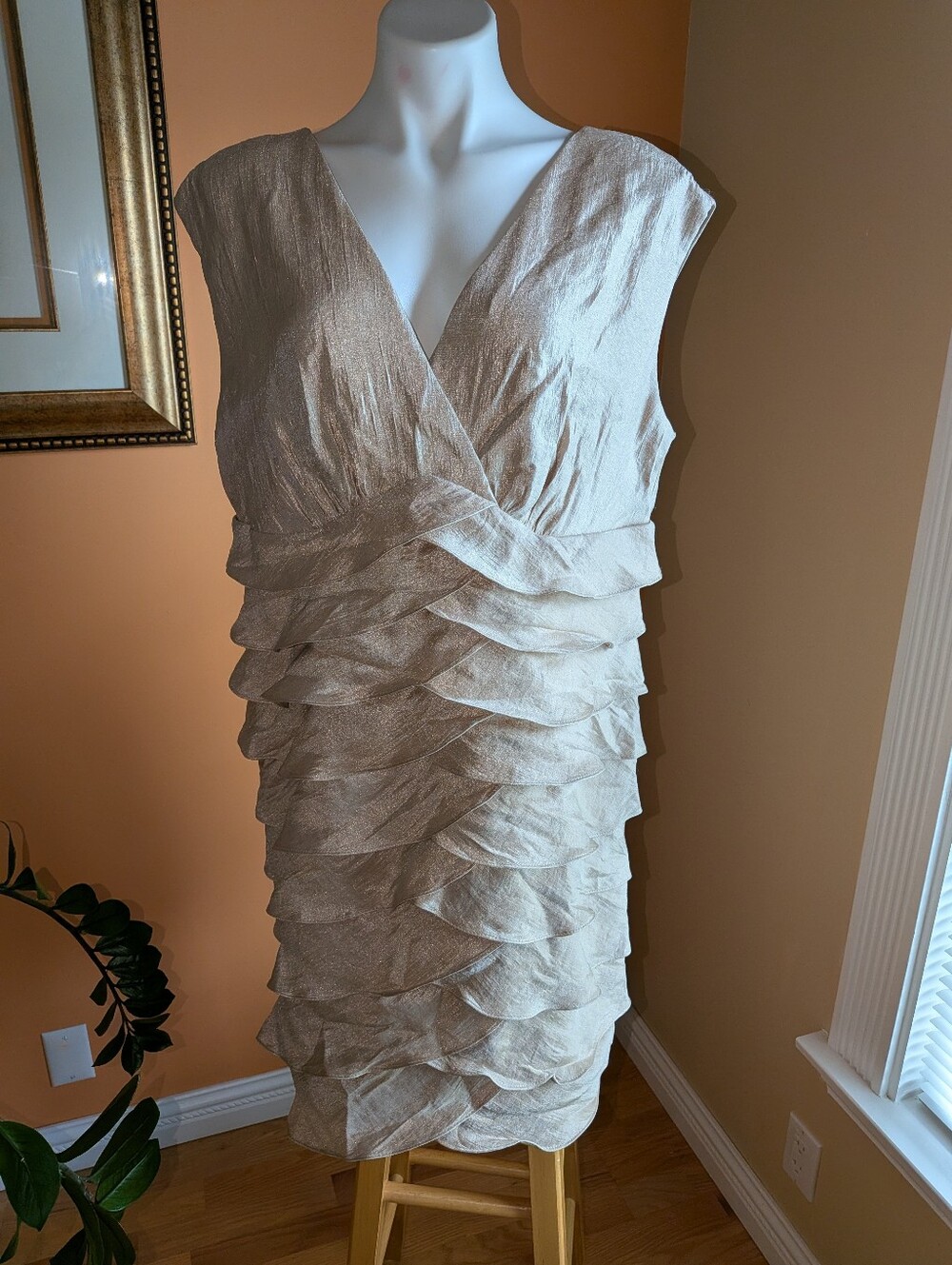 NEW Dressbarn Elegant Champagne Tiered V-Neck Women’s gold Dress
